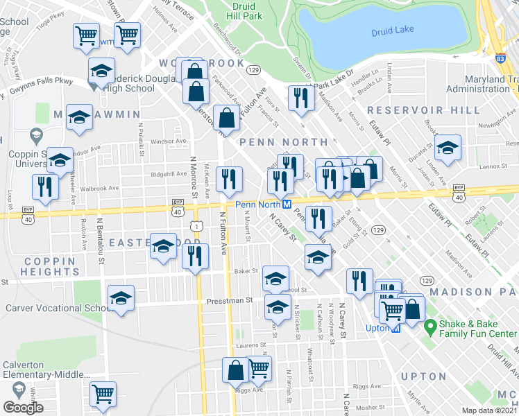 map of restaurants, bars, coffee shops, grocery stores, and more near 1657 W North Ave in Baltimore