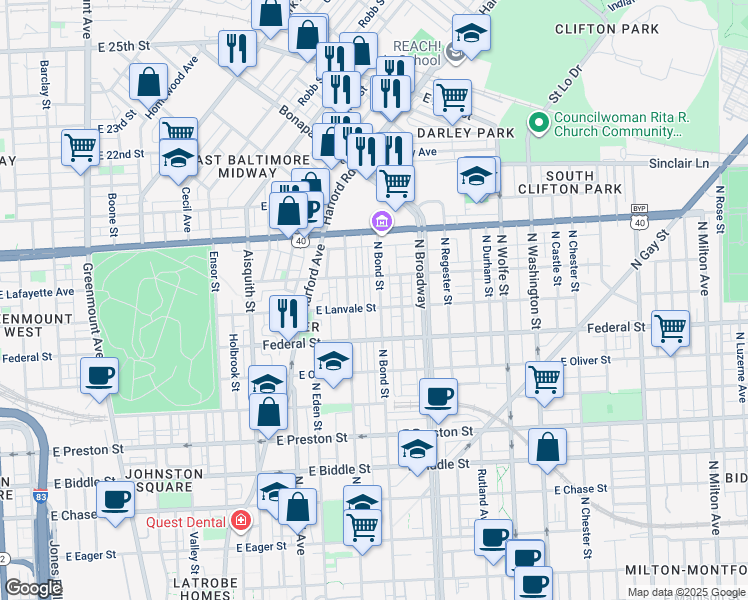 map of restaurants, bars, coffee shops, grocery stores, and more near 1706 North Bond Street in Baltimore