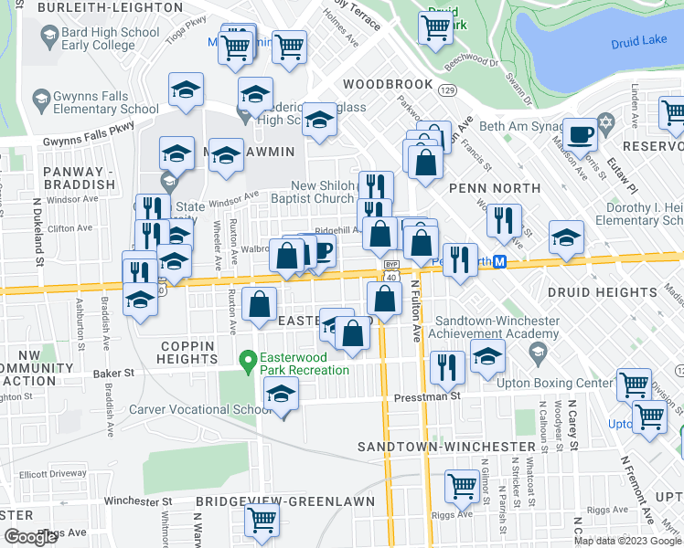 map of restaurants, bars, coffee shops, grocery stores, and more near W North Ave & N Payson St in Baltimore