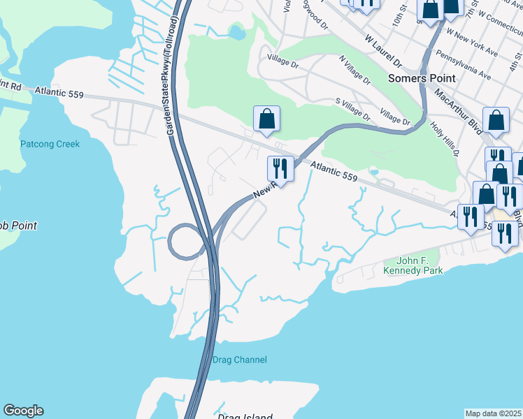 map of restaurants, bars, coffee shops, grocery stores, and more near 1305 Roberts Avenue in Somers Point