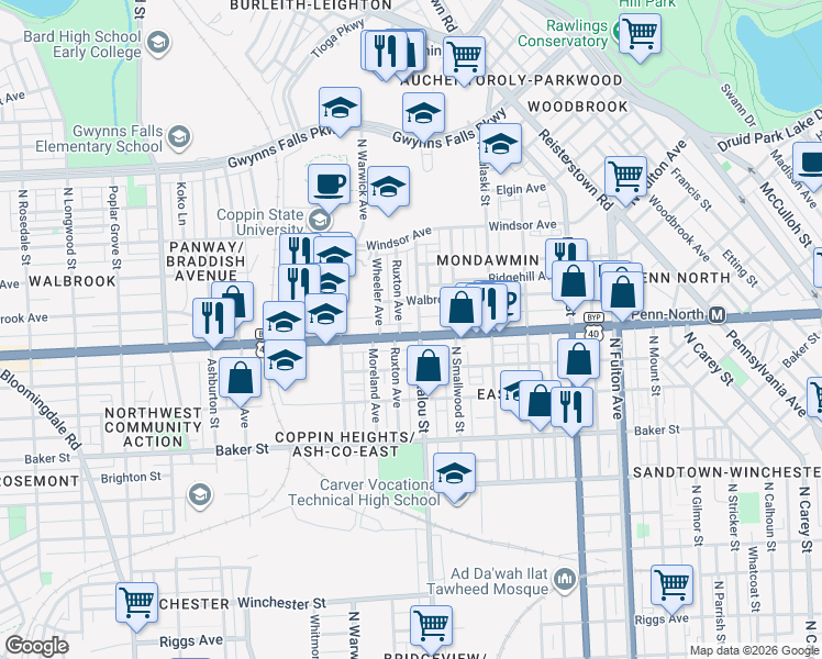 map of restaurants, bars, coffee shops, grocery stores, and more near 2304 West North Avenue in Baltimore