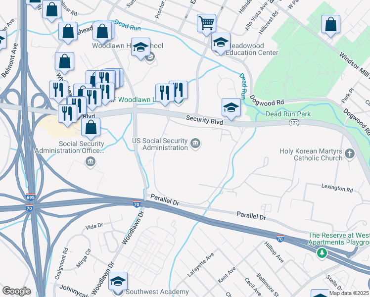 map of restaurants, bars, coffee shops, grocery stores, and more near 6401 Security Boulevard in Baltimore