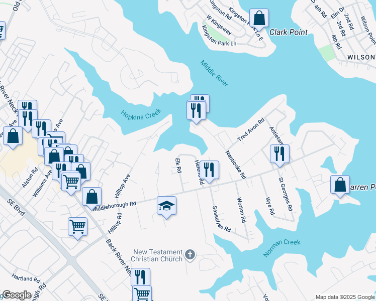 map of restaurants, bars, coffee shops, grocery stores, and more near 1818 Elk Road in Essex