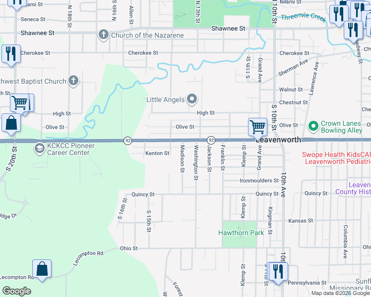 map of restaurants, bars, coffee shops, grocery stores, and more near 1328 Spruce Street in Leavenworth