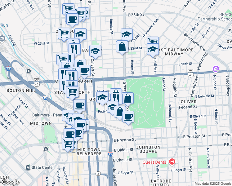 map of restaurants, bars, coffee shops, grocery stores, and more near 401 East Lafayette Avenue in Baltimore