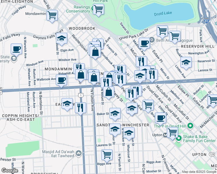 map of restaurants, bars, coffee shops, grocery stores, and more near 1647 West North Avenue in Baltimore