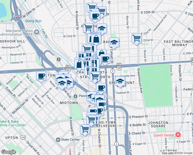 map of restaurants, bars, coffee shops, grocery stores, and more near N Charles St & E Lafayette Ave in Baltimore