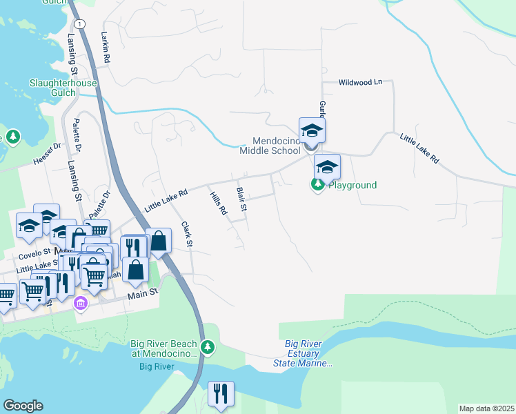 map of restaurants, bars, coffee shops, grocery stores, and more near 44470 Flores Street in Mendocino