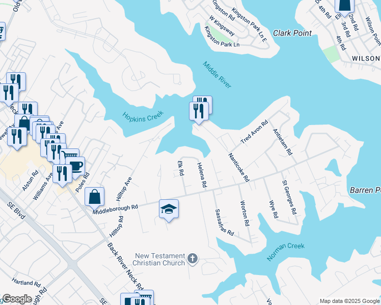 map of restaurants, bars, coffee shops, grocery stores, and more near 1818 Elk Road in Essex