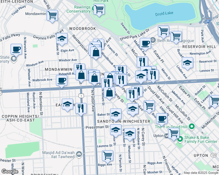 map of restaurants, bars, coffee shops, grocery stores, and more near 1647 West North Avenue in Baltimore