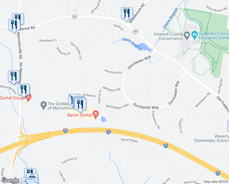map of restaurants, bars, coffee shops, grocery stores, and more near 10627 Hillingdon Road in Woodstock