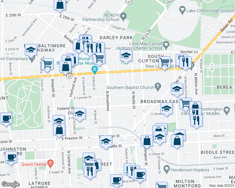 map of restaurants, bars, coffee shops, grocery stores, and more near 1718 East Lanvale Street in Baltimore