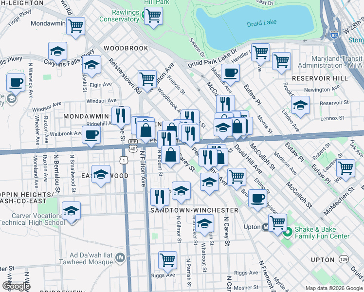map of restaurants, bars, coffee shops, grocery stores, and more near 1615 West North Avenue in Baltimore
