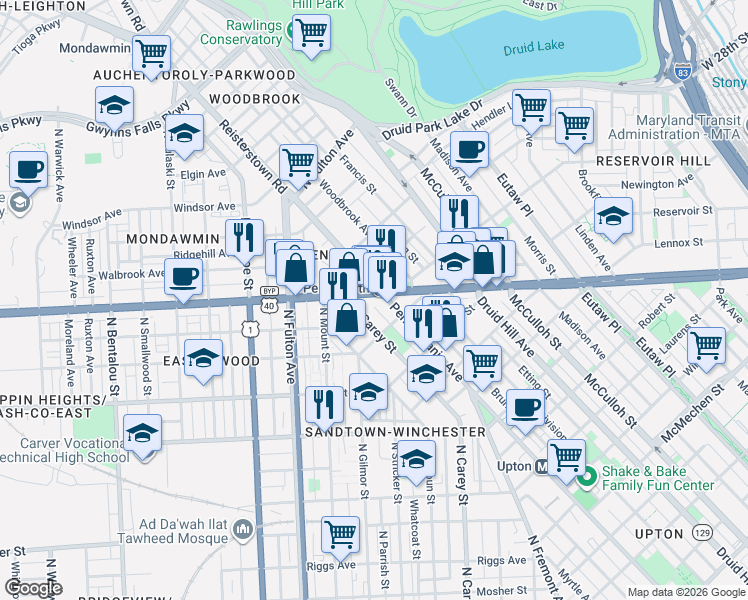 map of restaurants, bars, coffee shops, grocery stores, and more near 1609 West North Avenue in Baltimore