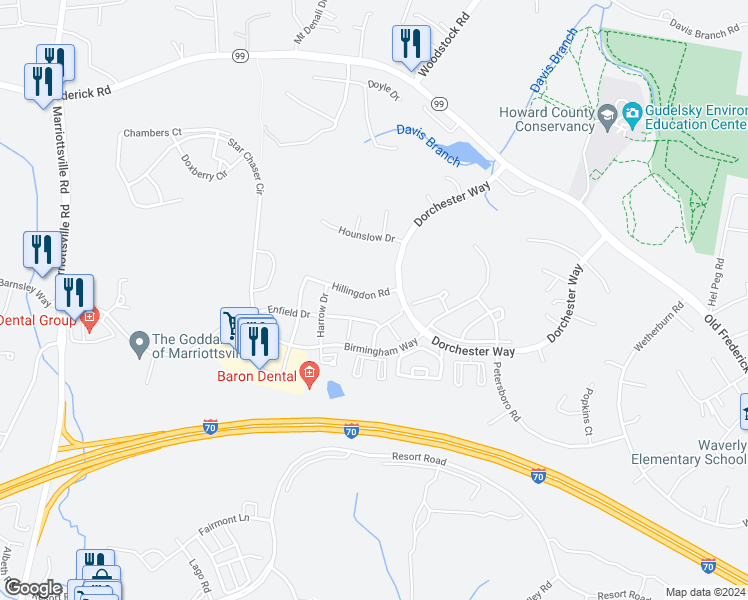 map of restaurants, bars, coffee shops, grocery stores, and more near 10623 Hillingdon Road in Woodstock