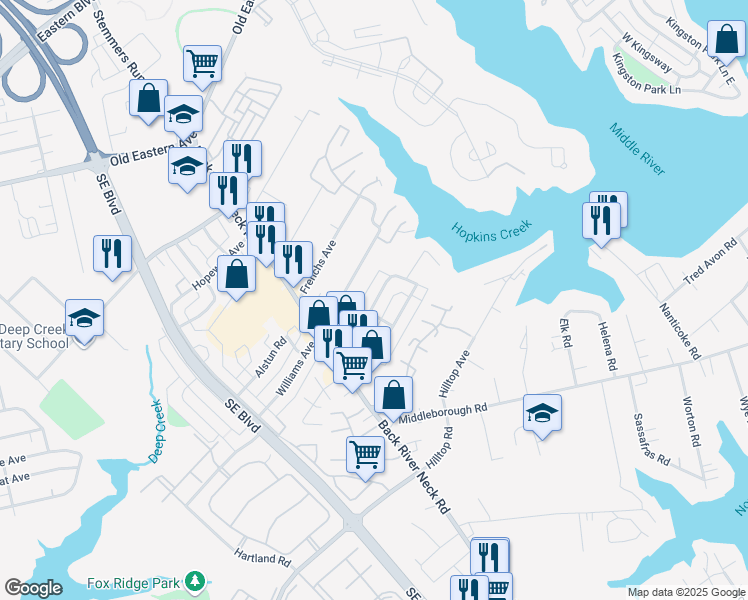 map of restaurants, bars, coffee shops, grocery stores, and more near 1620 Riverwood Road in Essex