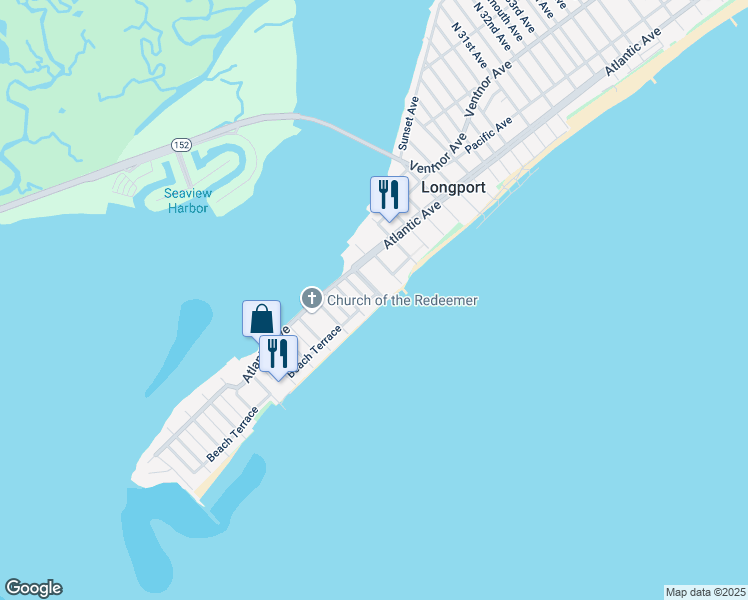 map of restaurants, bars, coffee shops, grocery stores, and more near 113 South 22nd Avenue in Longport