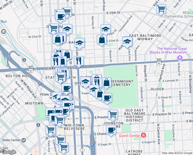 map of restaurants, bars, coffee shops, grocery stores, and more near 401 East Lafayette Avenue in Baltimore