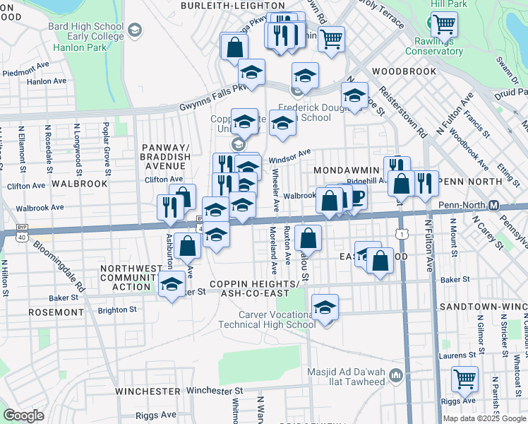 map of restaurants, bars, coffee shops, grocery stores, and more near 2401 Saint Stephens Court in Baltimore