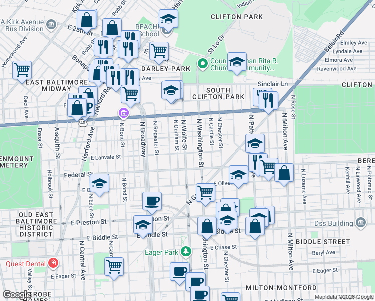 map of restaurants, bars, coffee shops, grocery stores, and more near 101 Independence Avenue Southeast in Washington