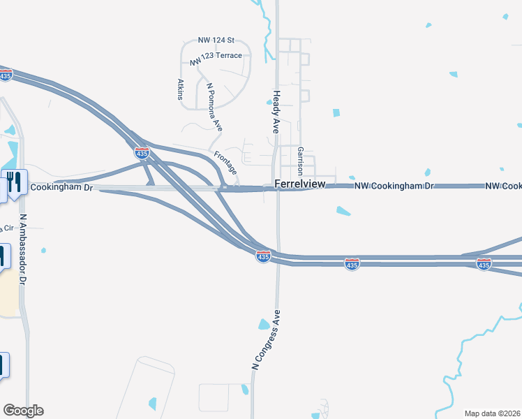 map of restaurants, bars, coffee shops, grocery stores, and more near 7557 Northwest Cookingham Drive in Kansas City