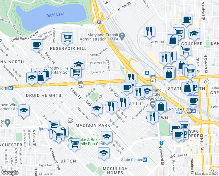 map of restaurants, bars, coffee shops, grocery stores, and more near Park Ave & Laurens St in Baltimore