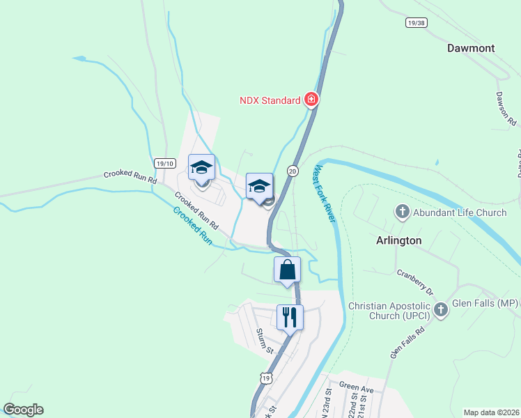 map of restaurants, bars, coffee shops, grocery stores, and more near 1349 Shinnston Pike in Clarksburg