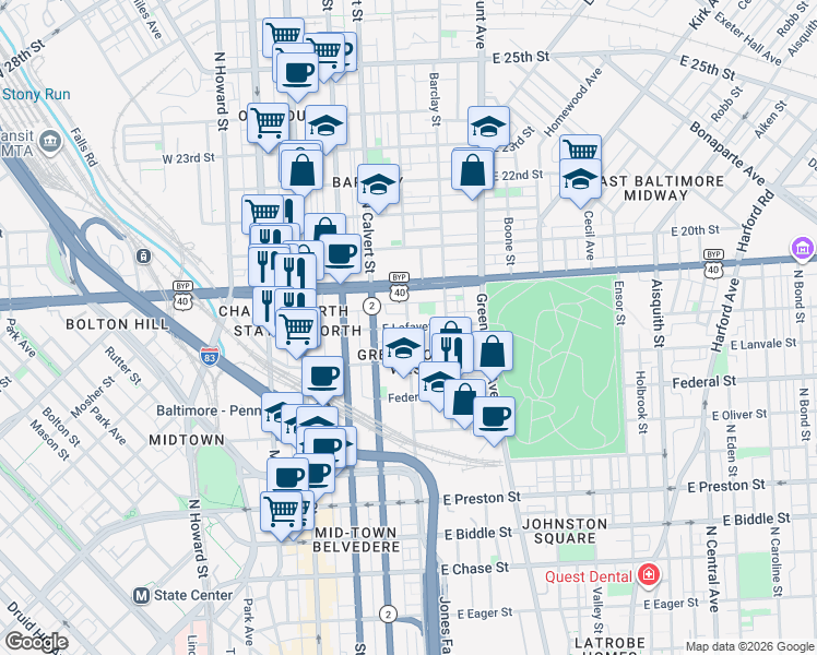 map of restaurants, bars, coffee shops, grocery stores, and more near Guilford Avenue in Baltimore