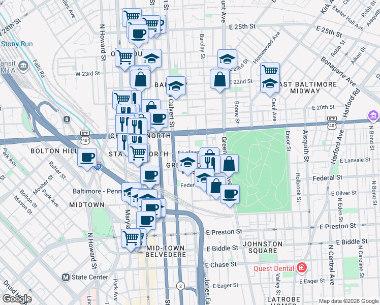 map of restaurants, bars, coffee shops, grocery stores, and more near E Lafayette Ave & Guilford Ave in Baltimore