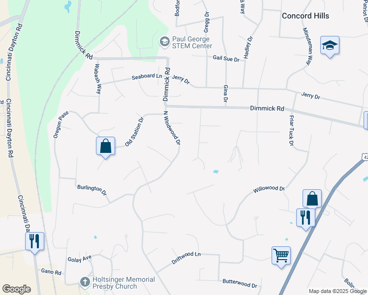 map of restaurants, bars, coffee shops, grocery stores, and more near 6426 North Windwood Drive in Butler County