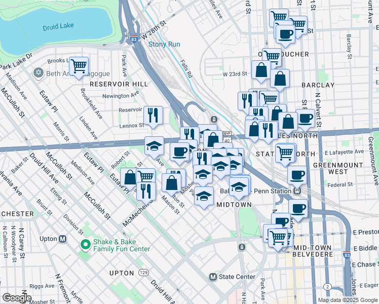 map of restaurants, bars, coffee shops, grocery stores, and more near 1600 West Mount Royal Avenue in Baltimore