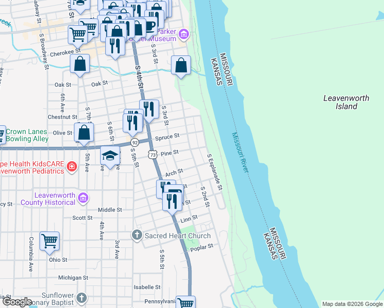 map of restaurants, bars, coffee shops, grocery stores, and more near 928 South Esplanade Street in Leavenworth
