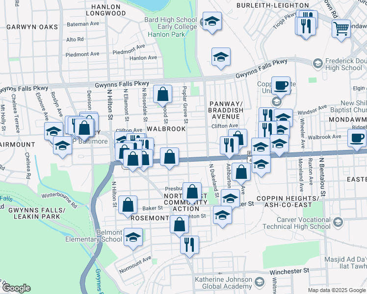 map of restaurants, bars, coffee shops, grocery stores, and more near 2909 Walbrook Ave in Baltimore