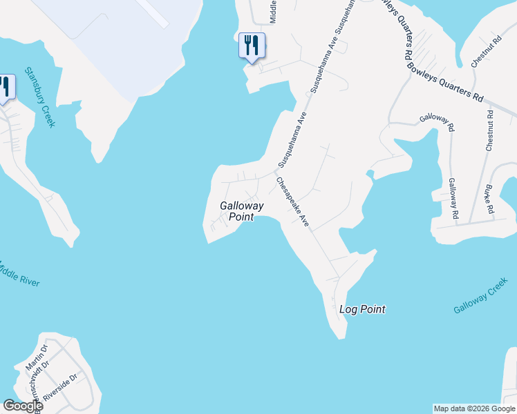 map of restaurants, bars, coffee shops, grocery stores, and more near 3815 Middle River Avenue in Middle River