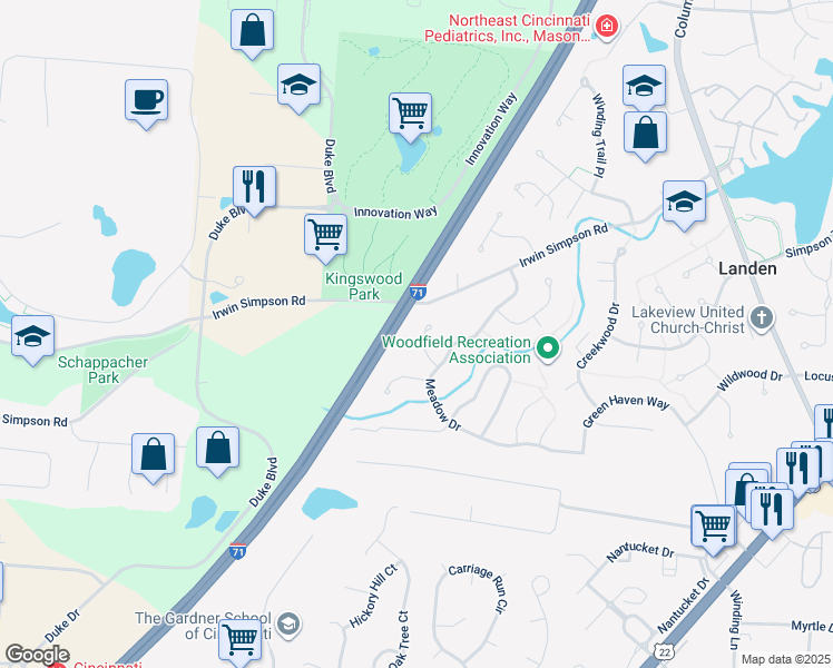 map of restaurants, bars, coffee shops, grocery stores, and more near 8801 Logger Place in Mason
