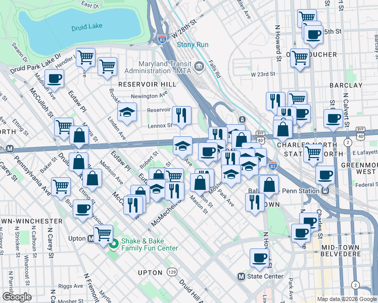 map of restaurants, bars, coffee shops, grocery stores, and more near 1725 Park Avenue in Baltimore