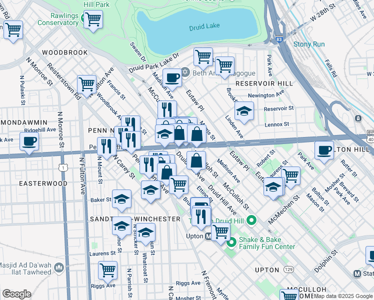 map of restaurants, bars, coffee shops, grocery stores, and more near 1201 West North Avenue in Baltimore