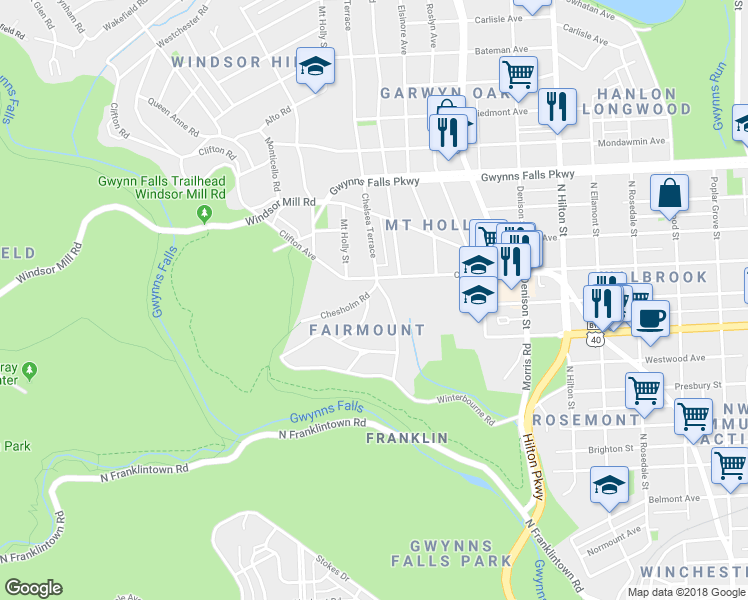 map of restaurants, bars, coffee shops, grocery stores, and more near 1919 Cedric Road in Baltimore