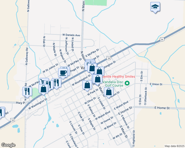 map of restaurants, bars, coffee shops, grocery stores, and more near 102 West Washington Street in Vandalia