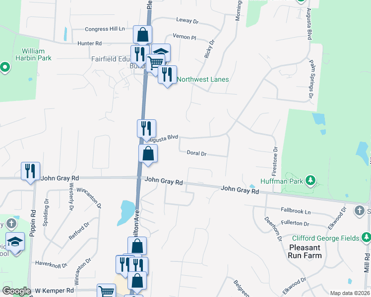 map of restaurants, bars, coffee shops, grocery stores, and more near 1818 Doral Drive in Fairfield