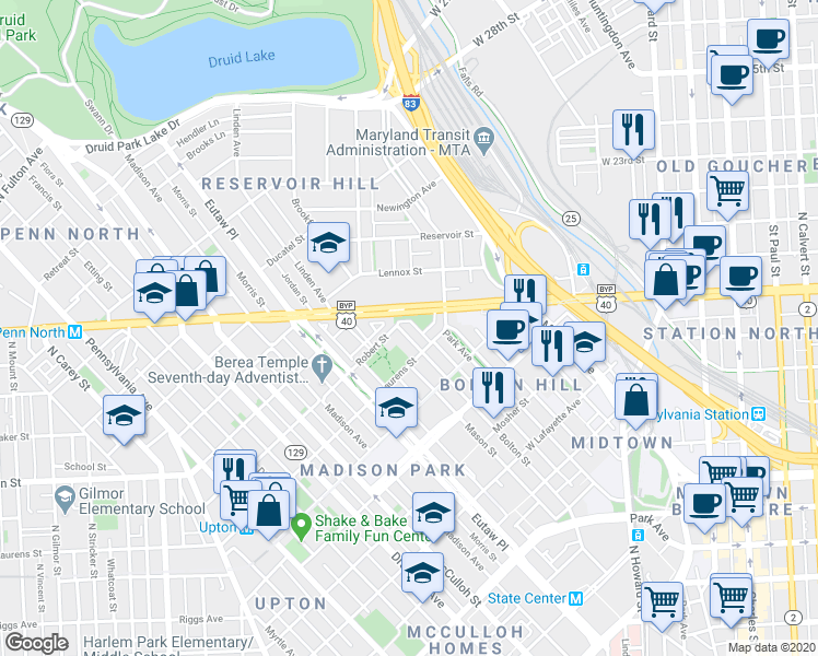 map of restaurants, bars, coffee shops, grocery stores, and more near 1831 Bolton Street in Baltimore