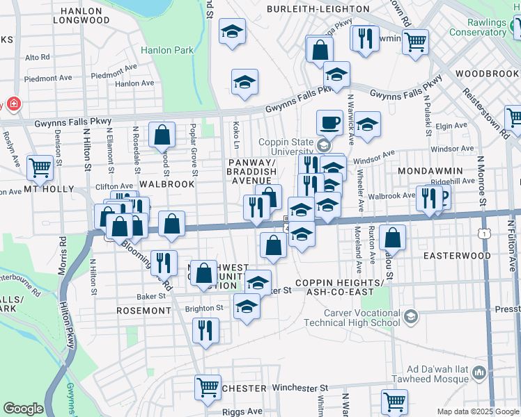 map of restaurants, bars, coffee shops, grocery stores, and more near 2725 Walbrook Avenue in Baltimore