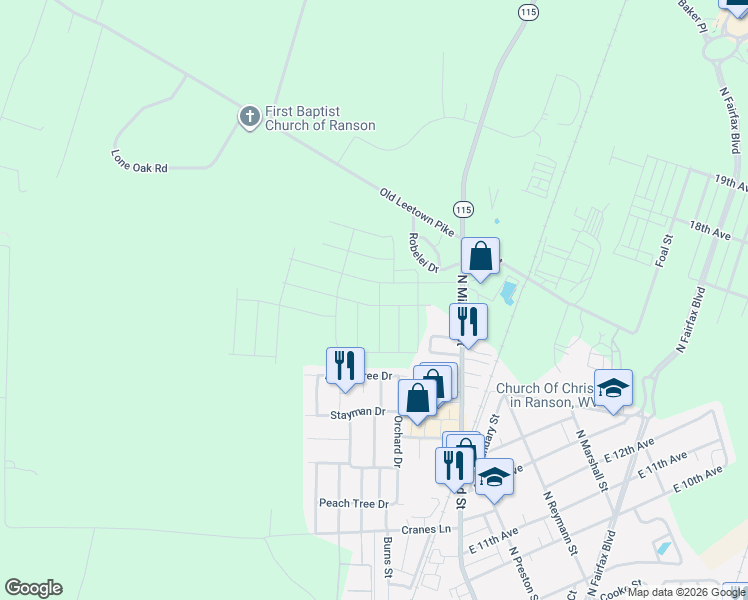 map of restaurants, bars, coffee shops, grocery stores, and more near 124 Monroe Avenue in Ranson