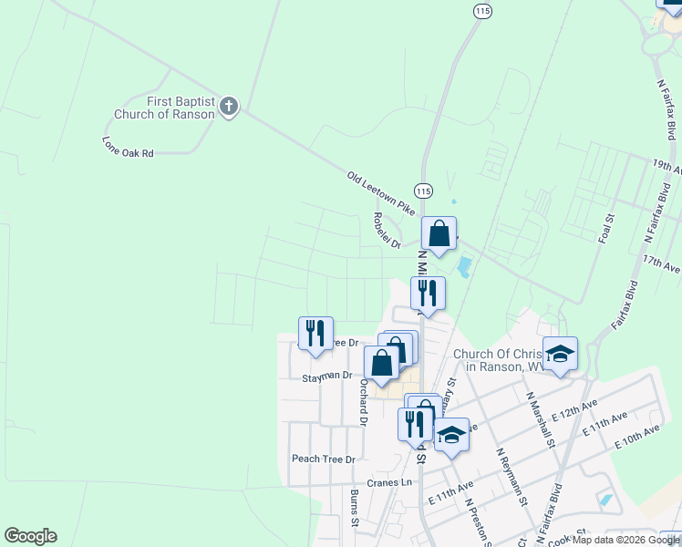 map of restaurants, bars, coffee shops, grocery stores, and more near 124 Monroe Avenue in Ranson
