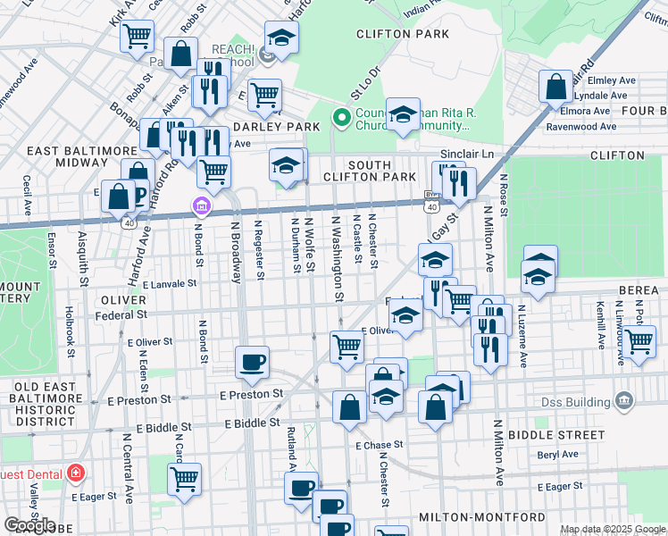 map of restaurants, bars, coffee shops, grocery stores, and more near 1710 North Washington Street in Baltimore