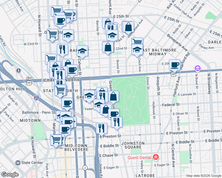 map of restaurants, bars, coffee shops, grocery stores, and more near Greenmount Ave & E Lafayette Ave in Baltimore