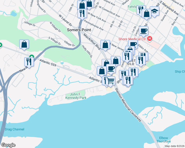 map of restaurants, bars, coffee shops, grocery stores, and more near 82 Greate Bay Drive in Somers Point