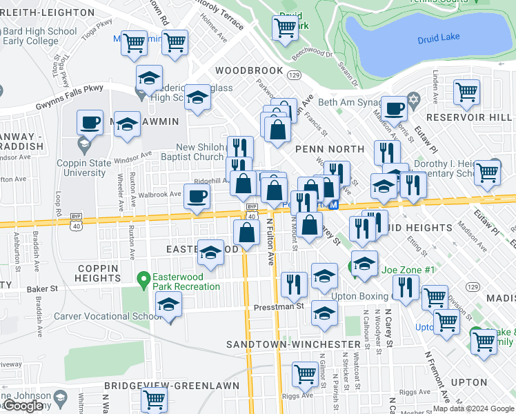 map of restaurants, bars, coffee shops, grocery stores, and more near 1820 West North Avenue in Baltimore
