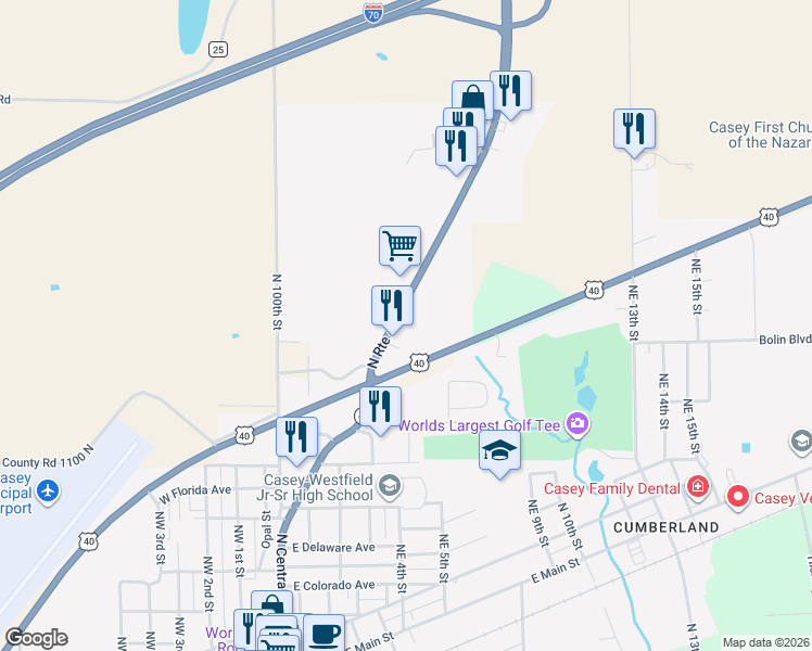 map of restaurants, bars, coffee shops, grocery stores, and more near 11285 Illinois 49 in Casey