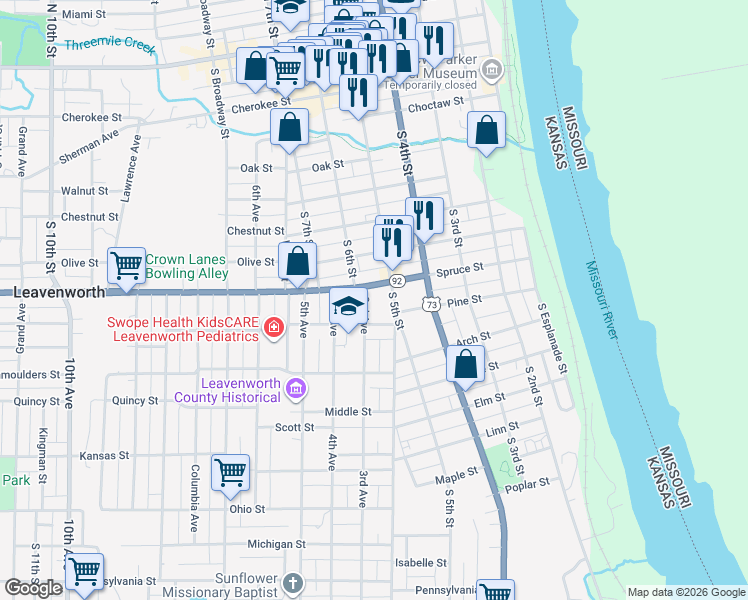 map of restaurants, bars, coffee shops, grocery stores, and more near 906 South 5th Street in Leavenworth